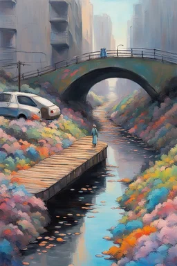 painting of a cyberpunk colourful natural walkway rubbish on the street in the city with pollution and a small bridge by a creek with electric sheep and androids by monet