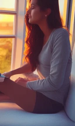 Beautiful, thin young woman, Arab home clothes, wavy hair, sitting on an office chair, reading a novel, next to a window, outside the window is sunset , 8k, finely detailed, photo realistic, cinematic