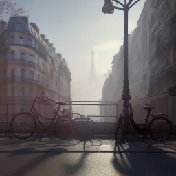 Paris cyberpunk city with bicycles and a monorail, highly detailed,lighting, 8k, hdr, award - winning, octane render, artstation, volumetric lighting, unreal engine 5