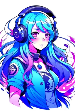 anime gamer girl with body of cosmic azure lilac fire logo