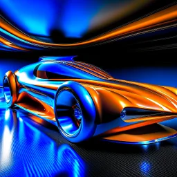 award winning car and driver photograph of a futuristic station wagon designed by only one vehicle per image painted metallic orange traveling at a high rate of speed, jet intake off of front center of vehicle and jet exhaust out the rear with bright blue flame, bilaterally symetrical, more a high speed road vehicle