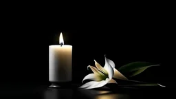 Beautiful lily and burning candle on dark background with space for text. Funeral white flowers.