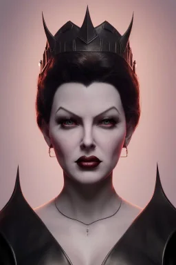 Lana Turner as evil queen in black leather, leather, busty, cleavage, angry, stern look. character design by cory loftis, fenghua zhong, ryohei hase, ismail inceoglu and ruan jia. unreal engine 5, artistic lighting, highly detailed, photorealistic, fantasy