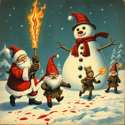 there is no kebabs at christmas, evil Santa, evil gnomes running around, staring flaming eyes, evil Rudolf, very big evil angry Frosty the snowman in background, kebabs and kebab, 1940 christmas postcard, blood stains