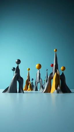 Fotografia di una superficie piatta di colore azzurro chiaro e giallo pastello, su cui si ergono enormi surreali strutture di forma astratta e surreale, di metallo, di colori vari, forti contrasti. Buio. Joan Miró odd style. Strong 3d deep field. Oscurità, paranoic, obsessive, homologic, phobic, nightmare, notte, glossy, hasselblad h6d400c --ar 85:128 --v 6.
