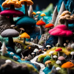 Close-up photograph of a landscape made of felt, animals, fungi, crystals, mineral concretions, extreme detail, intricate, colours, Tim Burton, Harry Potter, sinister scribbles, sparkles, bokeh