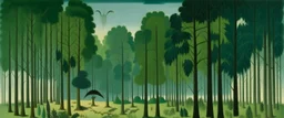 A bluish green forest with tall trees painted by Henri Rousseau