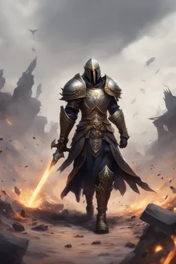 edgy paladin wielding greatswor walking down a battlefield