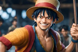 Luffy in 8k live action artstyle, dynamic pose, big smile, intricate details, highly detailed, high details, detailed portrait, masterpiece,ultra detailed, ultra quality