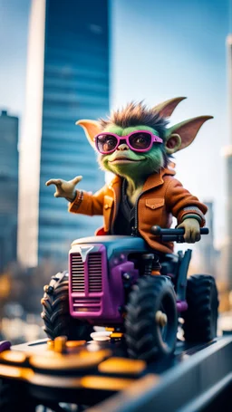 portrait of Hairy Gremlin pimp ninja in hipster tractor parked on top of sky scraper,bokeh like f/0.8, tilt-shift lens 8k, high detail, smooth render, down-light, unreal engine, prize winning