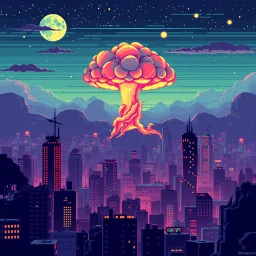 8 bit pixelart city, atomic mushroom cloud, synthwave, destroyed city