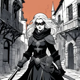 [comics Head Lopper style by Andrew MacLean] She moves with silent grace through the old winding streets of the medieval city, a master of the arts of thieves and illusion. Clad in dark garb that blends seamlessly with the shadows for torches, her eyes gleam with a hunger for novelty and adventure. The city is the playground of her illusions and tricks, its secrets and treasures ripe for the taking. The cobblestone streets echo in the slice of the night; she remains unseen, a phantom slipping t