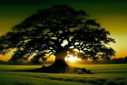 silhouette of beatuful scenic picture tree of life in meadow english countryside from a distance scenery painting