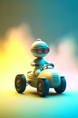 cute robot in drift trike car, motion blur, smoke, 4k, downlight, soft light, depth of field, photorealism, trending on art station