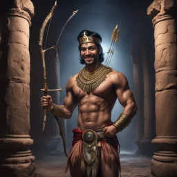 Hyper Realistic shirtless muscular handsome short black hair Indian King smiling wearing crown & holding bow & arrow in dark catacombs with traditional pillars at night