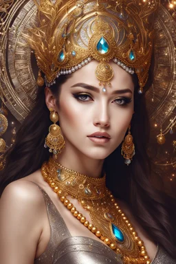 Close up Beautiful Goddess Photo Portrait Fantasycore Artwork, fullbody,wearing traditional golden silver ornaments dress ,Intricate Photography, A Masterpiece