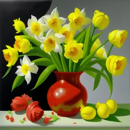 vase with daffodils and tulips