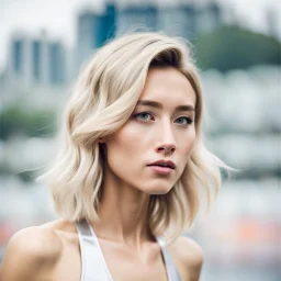 beautiful anorexic asian female, total shot, shiny silver triathlon swimsuit, short blond wavy bob hair, blurred city background