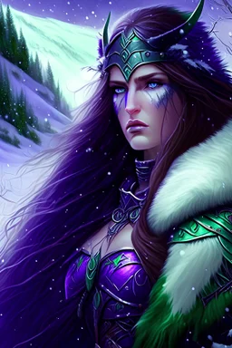 Fantasy art, woman valkyrie, purple long hair, beautiful woman, black armour, snow background, green eyes,