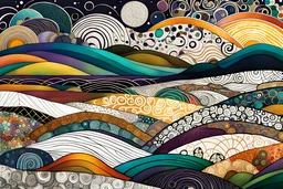 random color Zentangle patterns in the styles of Gustav Klimt ,Wassily Kandinsky, Paul Klee, and Kay Nielsen that depict a rolling landscape