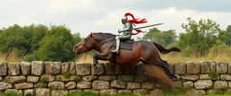 fast horse hippo jumping a wall with knight rider and lance