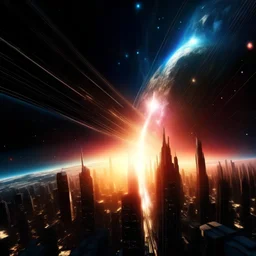 ANDROMEDA Galaxy sky explosion stars surrounded by skycrapers, cinematic, 3d