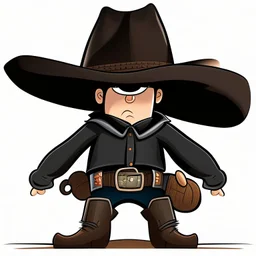 Caricatura de un hombre con sombrero vaquero de aleron grande negro cara levantada cuerpo completo