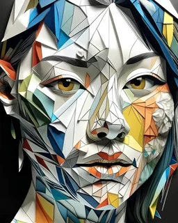 a close up of a person's face made out of paper, inspired by Sandra Chevrier, analytical art, book portrait, asian woman made from origami