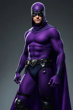 full-length, A portrait of a the Phantom, a man with piercing blue eyes, a chiseled jaw, goatee, timeless face, stern expression, Wearing a skintight formfitting purple cotton hero suit with a skintight cowl with a widows peak that fits tight to his head, but does not cover his face, he wears a thin, black leather, bandit eye disguise over his eyes, black and blue diagonally striped trunks, dual-holstered pistol belt adorned with a triangle skull-shaped buckle with leg straps, knee-high boots
