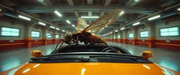 car driving insect in the style of Escher and Giger and Fallout 4, pinhole cam, airbrush 3d rendering, on tv screen:A five-second cinematic single take in a clean industrial presentation hall.