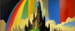 A rainbow empire with a giant castle painted by Lyonel Charles Feininger