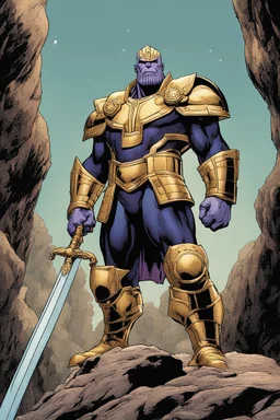 Thanos, the commander of the army of aliens and the king of the entire galaxy, is ready to go on a campaign with his two large swords, his very beautiful and impenetrable armor with his golden helmet, standing on top of a hill with his sword with infinity gauntlet