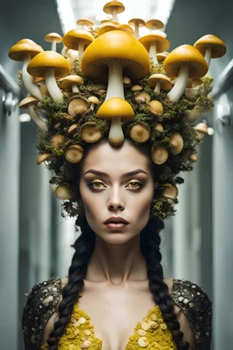 a very beautiful woman, with several mushrooms coming out of her head forming a crown, large, alien yellow eyes, thick lips, with a carapace made of mushrooms covering her body, walking in a corridor