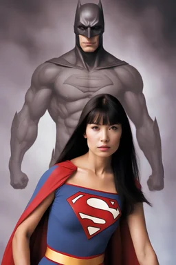 an extremely muscular 18-year-old Leonarda Spockinski Nimoy with long, straight black hair, the bangs cut straight across the forehead, as Bat-Supergirl - gradated Background, professional quality studio 8x10 UHD Digital photograph by Scott Kendall - multicolored spotlight, Photorealistic, realistic stock photo, Professional quality Photograph. colored Fog - Multicolored lightning, 3D heart