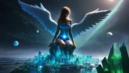 matrix universe, space, planets, god creation, angels from other dimensions with beautiful wings, trees on the planet, behind green crystals of light, few tiberium monolith deposits on the planet near tree,angel with a wings siting on the blue monolith made of blue tiberium crystals of lights, matrix universe, planets on the back grounds, green crystals of tiberium on the life and right