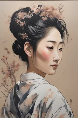 acrylic and line painting of a portrait a beautiful japanese lady mid-turn, bebd back,, slightly smiling, hair in bun, background adorned with dried flowers, dim lit.,chans