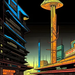 cyberpunk retro futuristic for comics really tall from far away