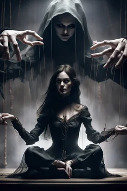 A dramatic digital mage of a woman seated on a table,facing to the front ,she is connected to string like a puppet, arms in air, moved by the strings, puppet like features in the face, beautiful face, behind her also facing the front is the puppet master,is a huge image of a man holding the strings, creepy gothic character,.zoomed in, dark and shadowy background with selective lighting on the woman, gothic and chaotic