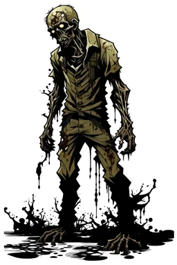 zombie, drooling black liquid, full body, profile, looking serious, in a comic book, post-apocalypse,