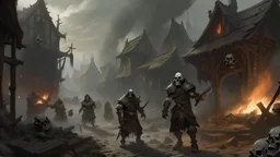 a town razed to the ground, burnt down, plundering undead white orcs. Artistic, dnd 5e, fantasy artwork, menacing, gloomy