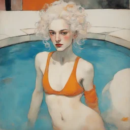 Egon schiele painting of a white hair grunge woman, with freckles, , in the swimming pool, orange, pink, turquoise, yellow colors
