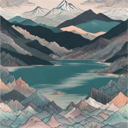 Intricate patterns on a mountains and lake landscape, sinister scribbles, pastel colors