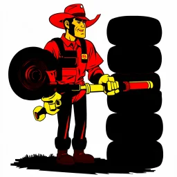 retro cartoon company mascot of a vehicle mechanic with a hint of forest ranger, holding a torque-wrench and next to a stack of tires, ranger smith