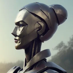 Robot cute profile head portrait, warrior costume, village, meditation, 8k quality