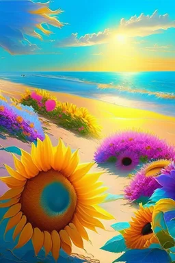 Morning, sun rays, light blue color, clear sky, bright sea, many sunflowers, in front of the sea, pink, yellow, orange, green, orchard, sand