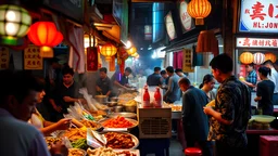 Delicious Chinese street food in Kuala Lumpur at night, eating stalls, eclectic mix of oriental food, award-winning colour photograph, beautiful composition, exquisite detail, Nikon 85mm