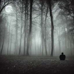 foto de costas, homem solitário na floresta a noite sentado no chão, noite lua cheia, névoa