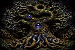 gnarled and twisted tree of life with faces and bodies crawling out of the trunk and branches, deep colour, in the multiverse