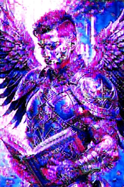 a person in runic armor with blue wings, blue short hair, runic tattoo and spell book