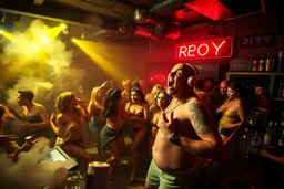 dans golv på en nedsliten sunkig techno club, många personer som dansar, yppiga kvinnor, mycket scen rök i lokalen, och gula röda strobes, en del personer ser in i kameran och skriker: "Benny!" och en Neon Skylt med texten "DJ ROY" på väggen, DJ Roy skriker rätt in i kameran, öppen mun, mycket flaskor och glas i baren